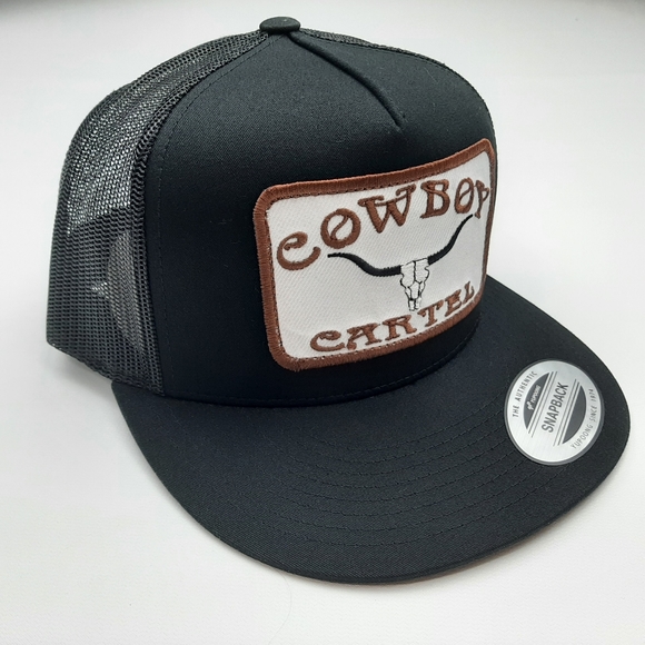 Cowboy Cartel Flat Bill Mesh Snapback Trucker Hat Cap Black Embroidered Patch - Picture 3 of 4